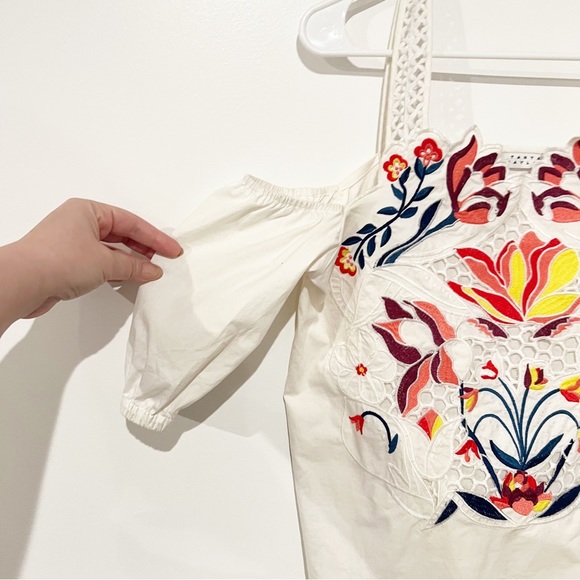 Tanya Taylor Marja Embroidered Floral Cold Shoulder Cotton White Blouse Size 2 - Picture 2 of 8